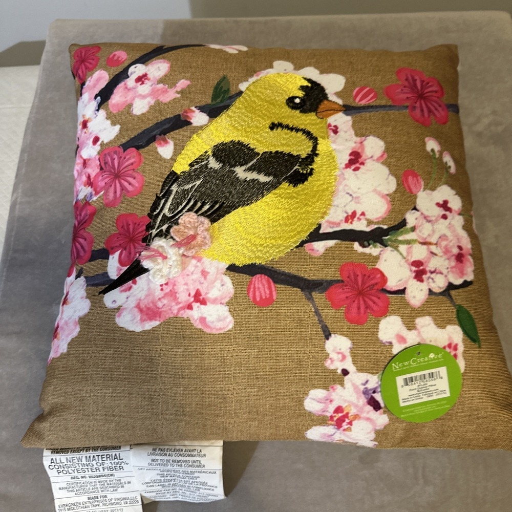 Yellow‎ Finch Embroidered  Indoor Outdoor Pillow Crochet Flowers 17 x 17